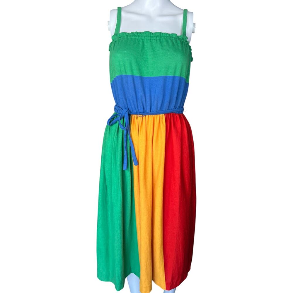 80s Caron Chicago Primary Color Colorblock Midi Dress Scarf Waist Tie S/M Retro